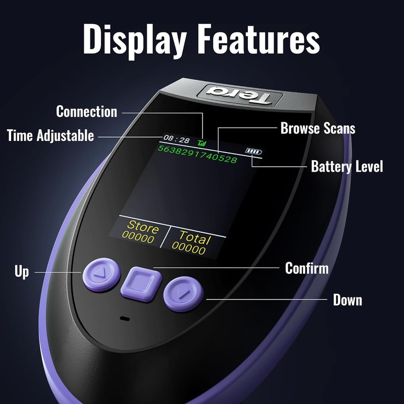Tera Barcode Scanner Wireless with Screen: Pro Version 1D 2D QR with Setting Keypad Charging Cradle Works with Bluetooth 2.4G Wireless USB Wired Handheld Bar Code Reader HW0009 Purple - Image 2